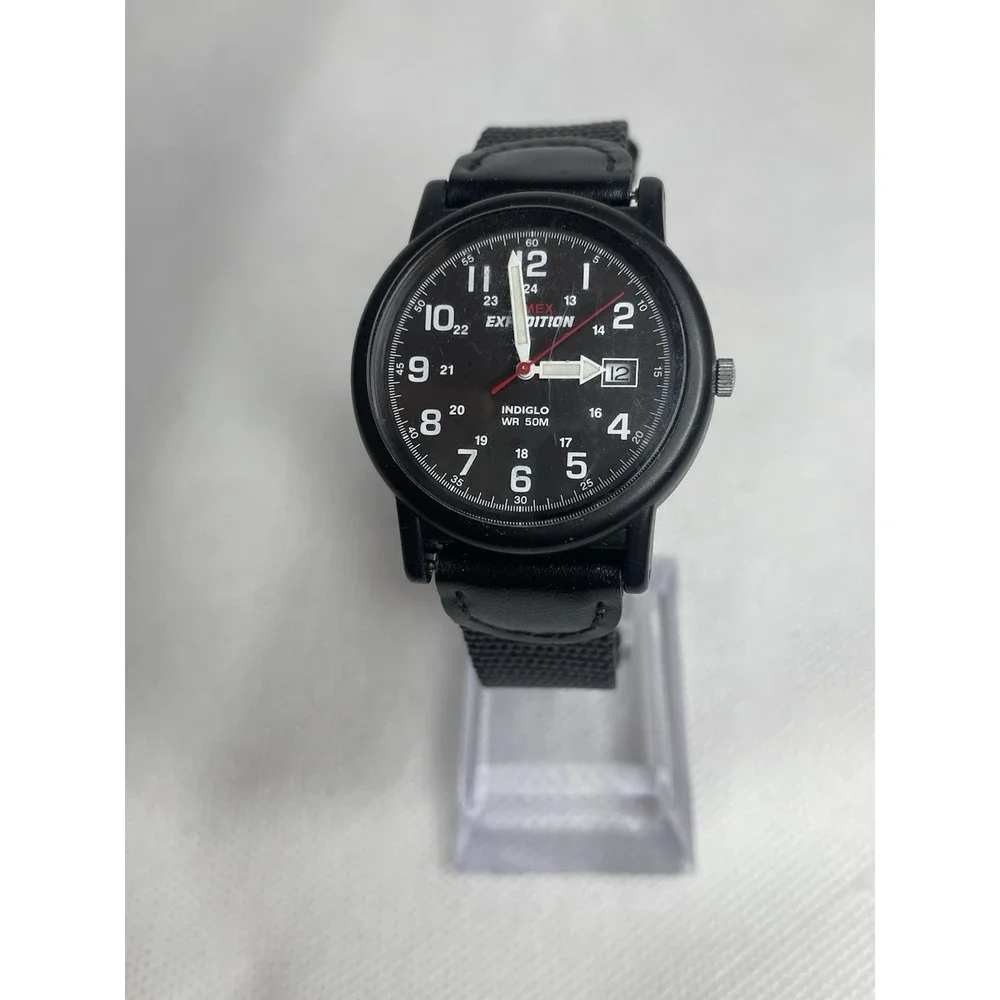 Timex Expedition Camper Watch T40011 Military Style Indiglo Black Leather Fabric